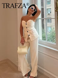 TRAFZA Women Summer Elegant Sets Sexy Single Breasted Strapless Sleeveless Slim Tube Tops Female Fashion High Waist Suit Pants