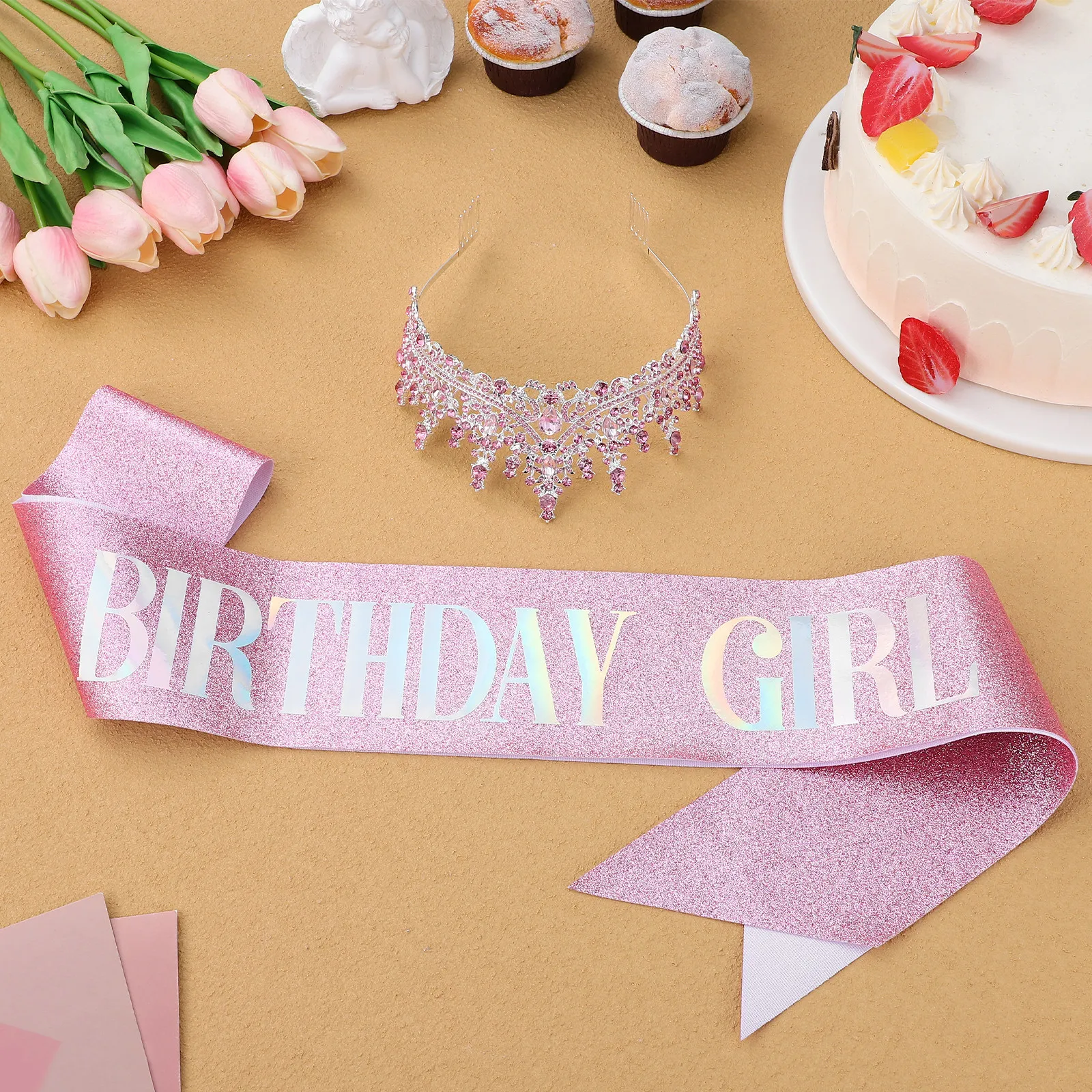

1Set Birthday Sash and Crown Crystal Rhinestone Princess Tiara Adjustable Fit for Women Girls Party Birthday Celebration