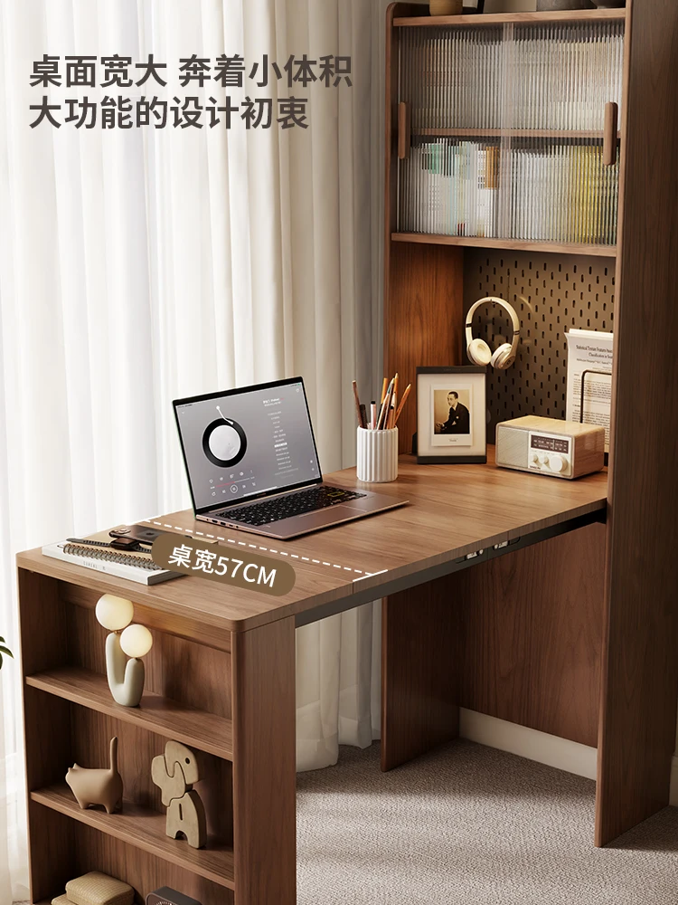 Folding desk bookcase integrated, solid wood corner home study table, small apartment study office 5