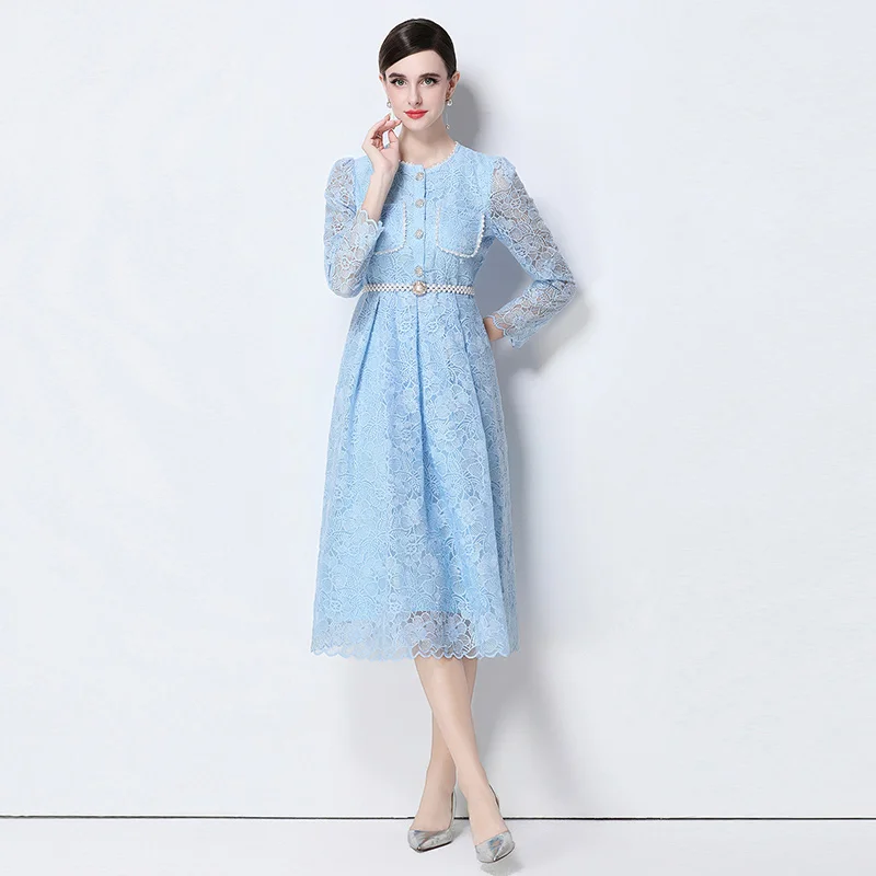 Luxury High-End Cutout Embroidery Floral Print Lace Dress Women Summer Retro Round Neck Single Breasted Comes with Lace-up Dress