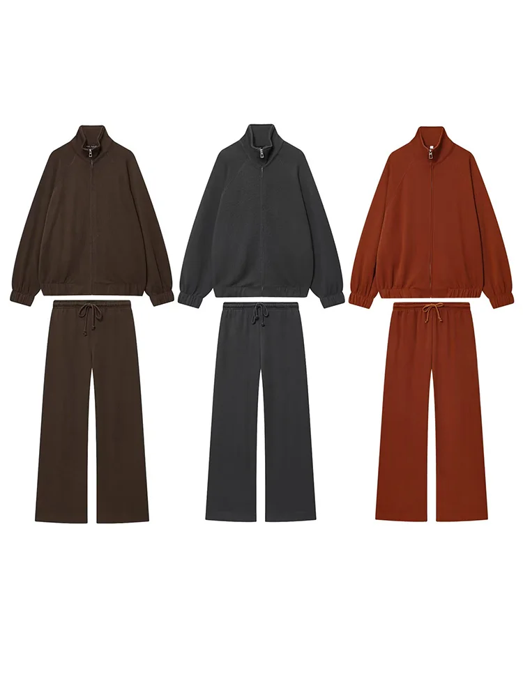 

HH Women Solid Pants Suit Front Zipper Long Sleeves High Collar Soat+High Waist Draw Rope Casual Loose Street Style Trousers