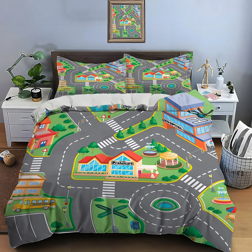 City road layout illustration Bedding Set for Kids Luxury Gift 3pcs Digital Print Comforter Set Soft Comfortable Breathable