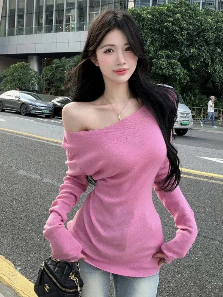 

Dopamine Pink Shoulder Knitted Long Sleeve Women's T-shirt Sexy Style Autumn Winter New Arrival Slim Fit Breathable Skin-frie...