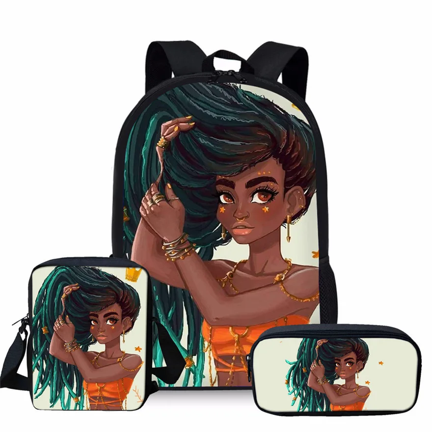 

Luxury Novelty Cool African girl 3D Print 3pcs/Set pupil School Bags Laptop Daypack Backpack Inclined shoulder bag Pencil Case