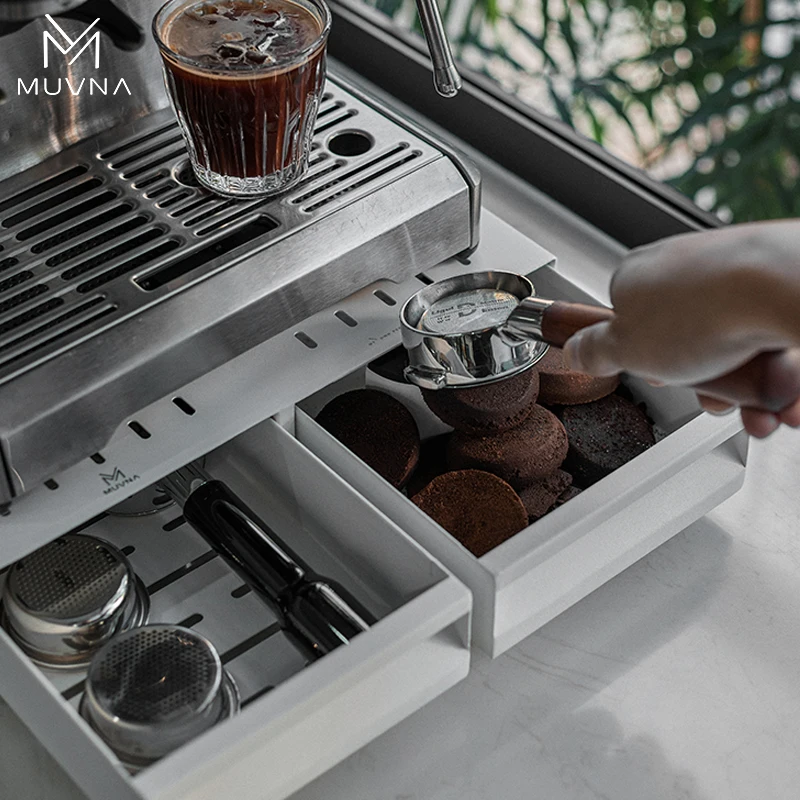MUVNA Double Drawer Espresso Knock Box Commercial Stainless Steel Coffee Grounds Bin Heavy Duty Barista Station Cafe Accessory