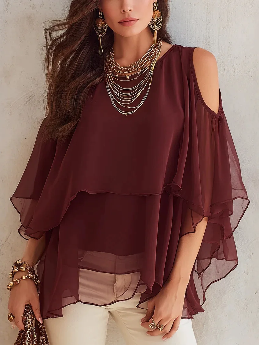 Women's Fashionable Pure Color Breathable Top Cover up Casual Style Loose Fit Splice Design Polyester Blend Chiffon Shirt
