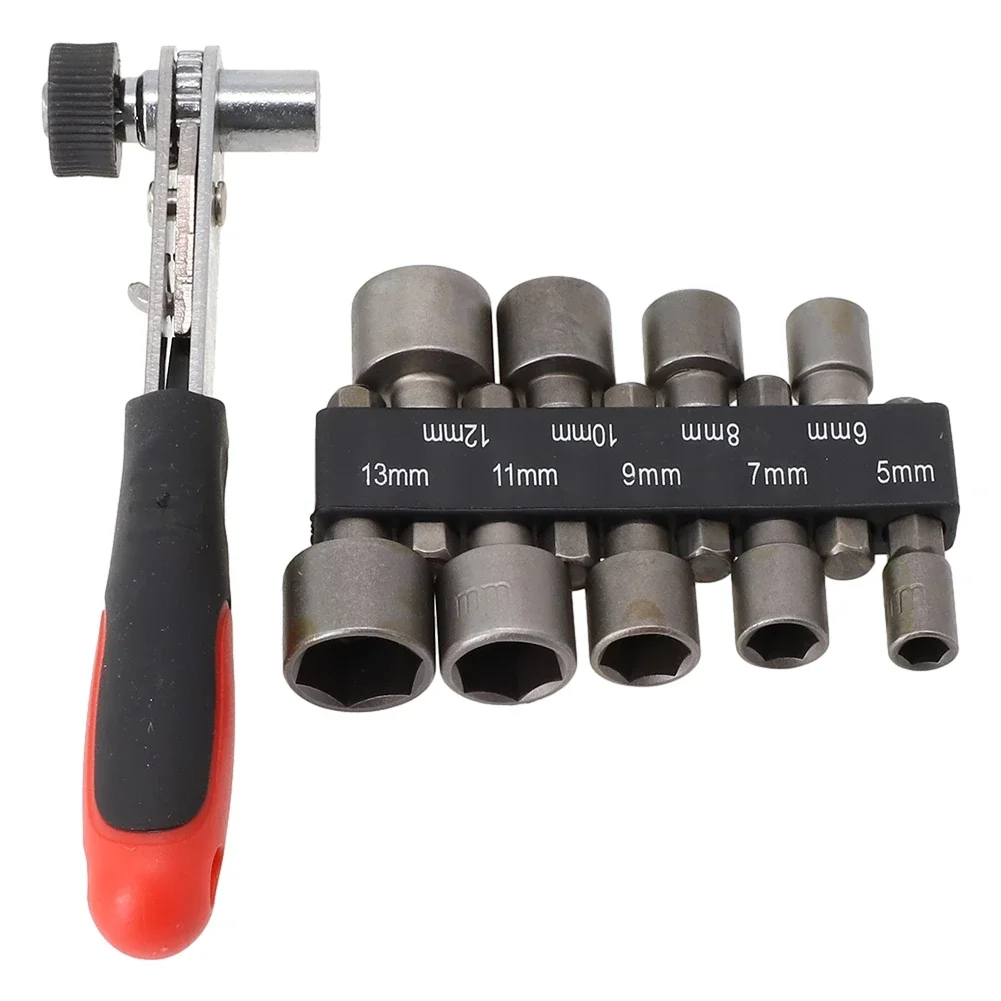 Ratchet Wrench Set with 1 x 1/4 Inch Socket Wrench and 9 Drill Bit Adapters for 5 6 7 8 9 10 11 12 13mm Socket and Bit Mounting
