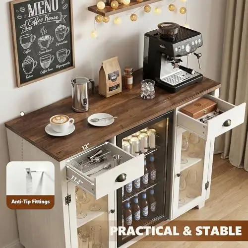 52 Inch White Coffee Bar Cabinet With Integrated Beverage Cooler, Glassware Storage, Power Socket, And Anti-Tip Drawers