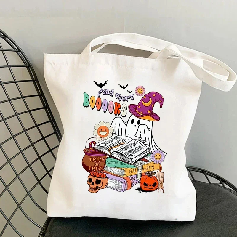 Spooky Readers Book Club Canvas Tote Bag Organizer Ghost Book Lover Print Shoulder Bags Fun Handbag Large Capacity Shopping Bag