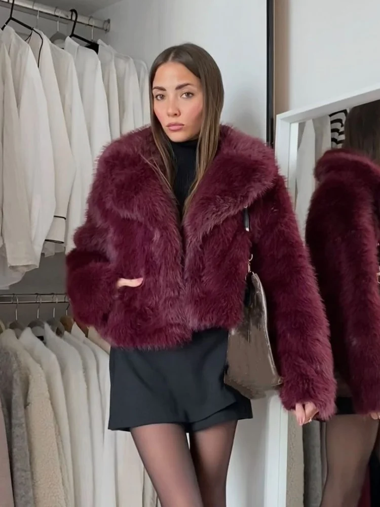 Burgundy Red Chic Women\'s Fluffy Faux Fur Short Jacket Women Elegant Lapel Long Sleeve Plush Coat Female Warm Cropped Streetwear