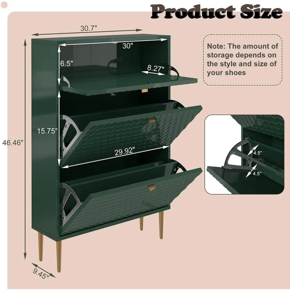 Shoe Racks with 3 Flip Drawers Free Standing , Brass Knobs and Legs, Durable Build, 24 Pair for Entryway Shoe Cabinets