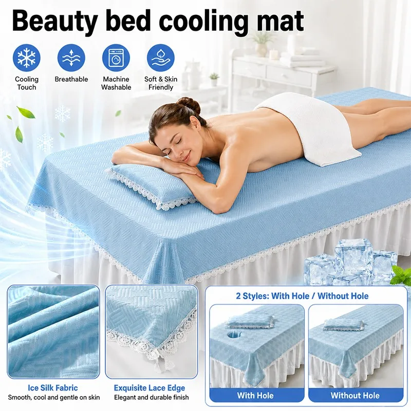 200x80cm Beauty Bed Cooling Mat Massage Table Sheet W/ Face Hole Lace Trim Spa Bed Cover Body Spa Salon Bedspread Home Decor