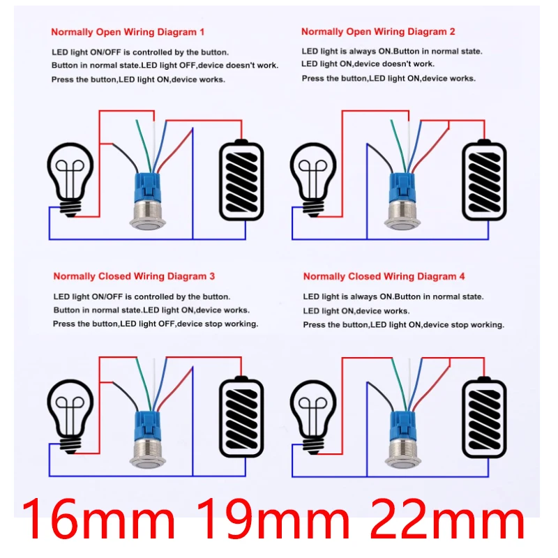 12mm 16mm 19mm 22mm Metal Push Button Switch Flat Head 1NO1NC Start Stop LED Light Red yellow Blue Green White 3v 12v 24v 110v