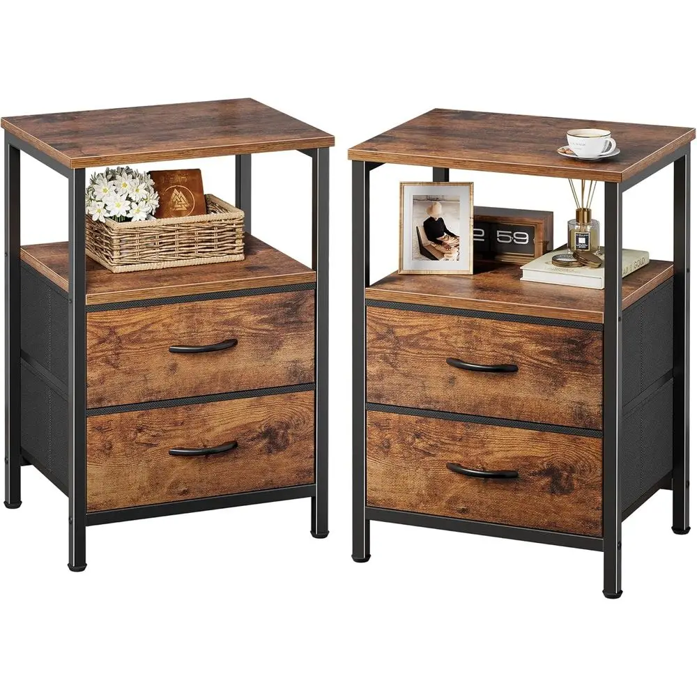 

Rustic Brown Wooden Nightstand Set, 2 Drawers, Open Shelf, Fabric Drawers, Bedroom Side Table