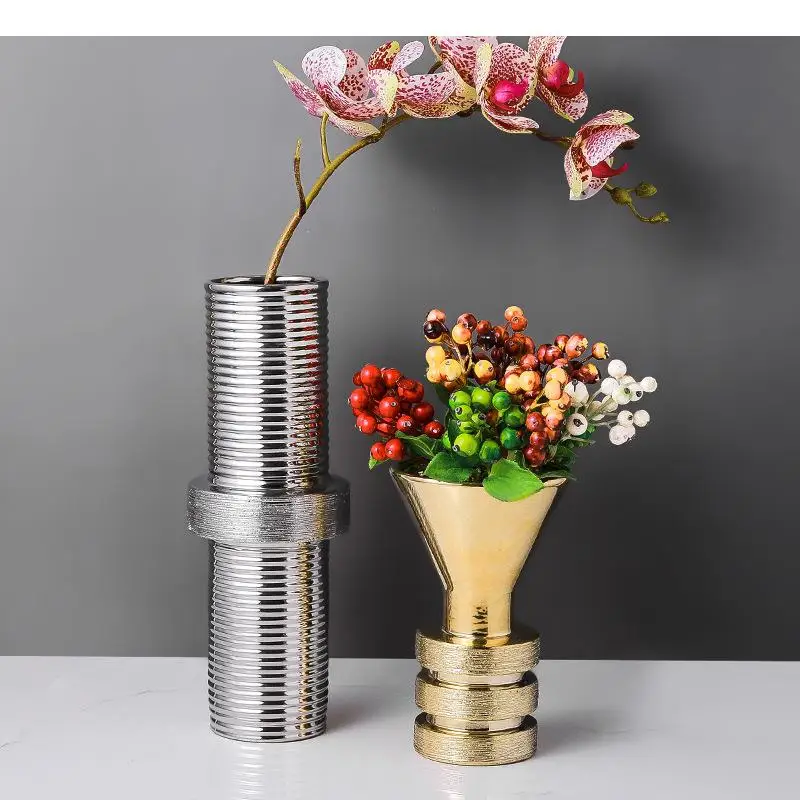 Electroplating Ceramic Vases Golden/Silver Plant Pots Decorative Flower Arrangement Thread Shape Flowers Vase Home Decor Modern