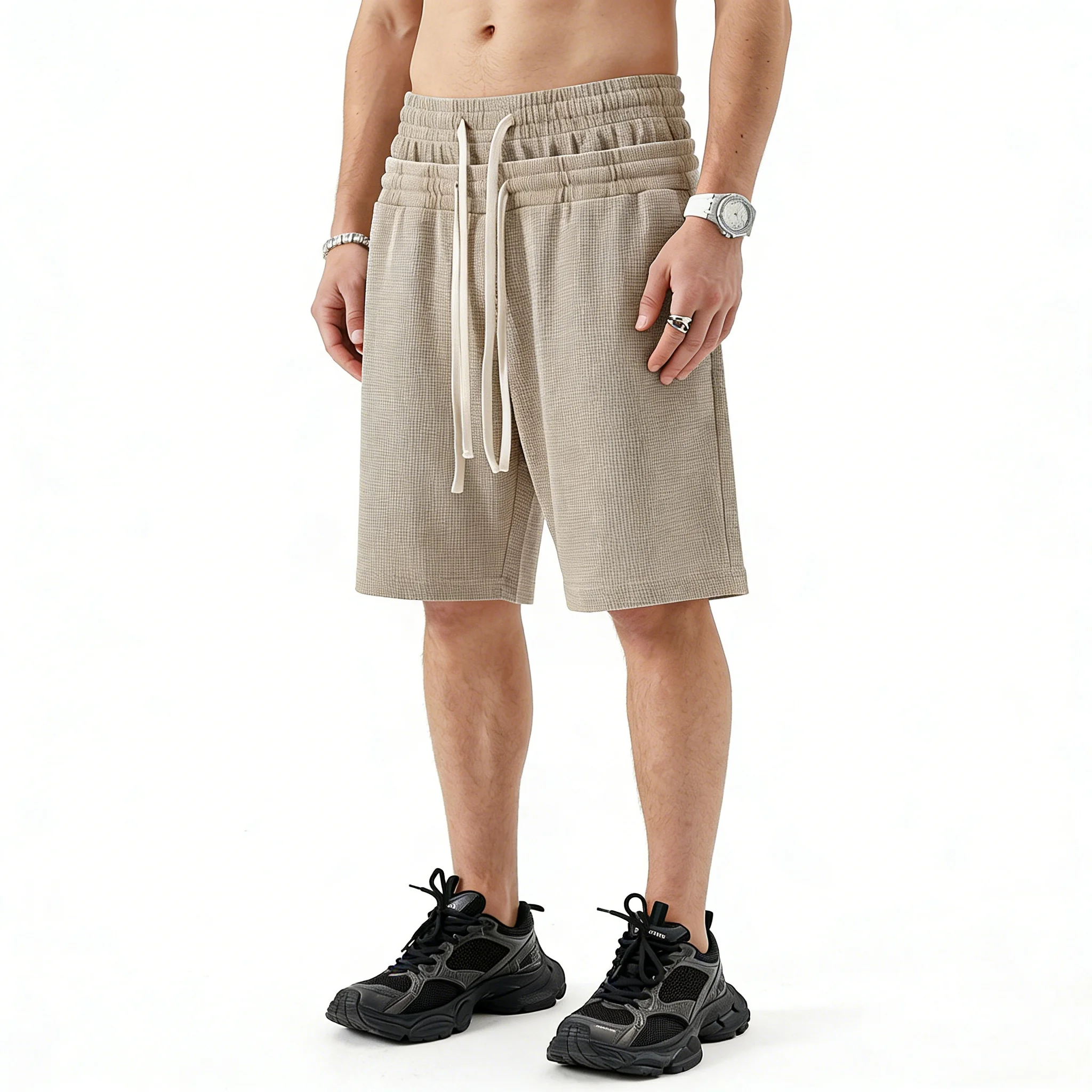 American Retro Snow Wash Waffle Casual Shorts Elastic Waist Drawstring Double Waist Relaxed Fit for Men and Women Joggers Shorts