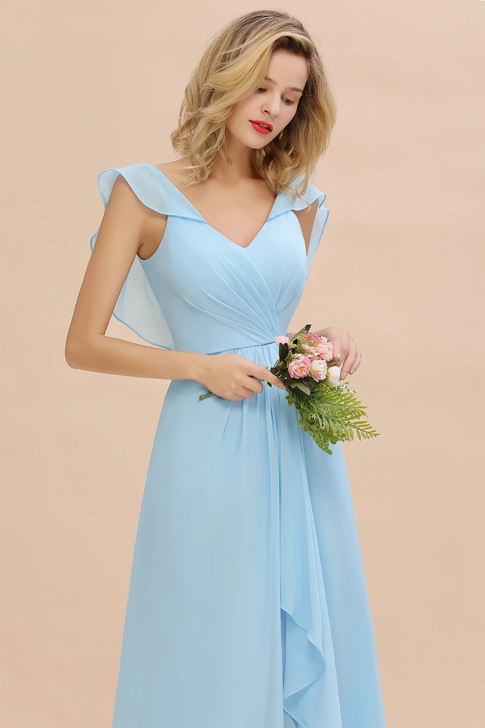 MisShow New Sky Blue abiti da damigella d'onore lunghi 2022 scollo A V increspato A Line abiti da ballo in Chiffon abiti Elegantes Para Mujer