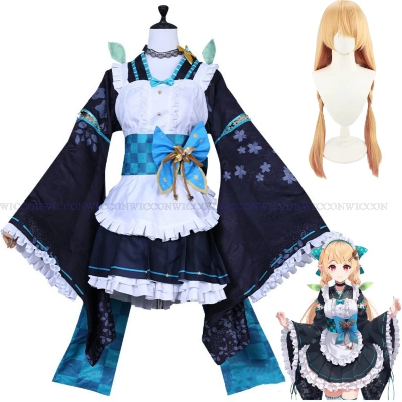 NIJISANJI-Anime Virtual Idol Pomu Rainpuff Cosplay Costume pour femme, perruque membre Lazulight, tenue de femme de chambre, Lolita, Kawaii Party, trempé