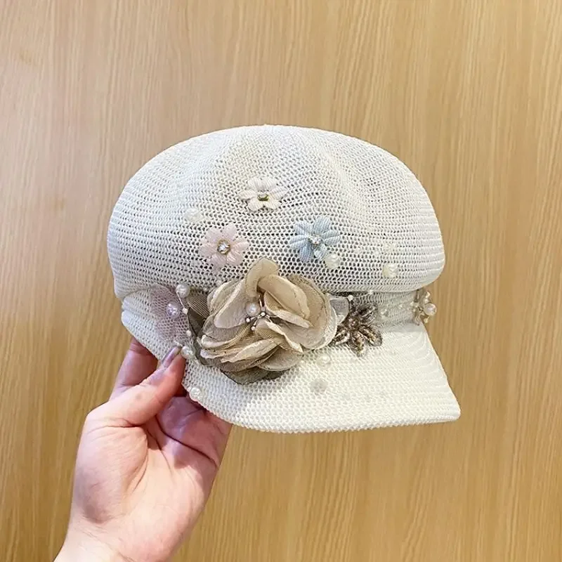 

Women's Breathable Lightweight Pearl Beret Outdoor Leisure Baseball Cap Versatile Painter Hat Knitted Octagonal Cap