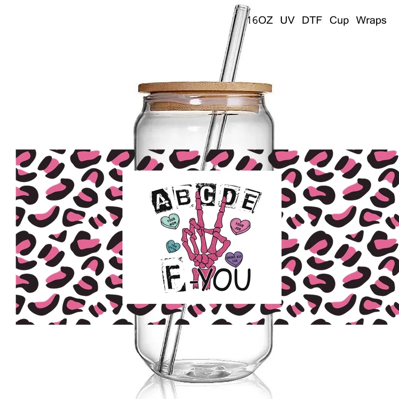 Leopard ABC Letter  Coffeee  Skull hand   DTF UV  Cup Wrap Print Stcikers for 16OZ Glass Libbey Cans Bottles