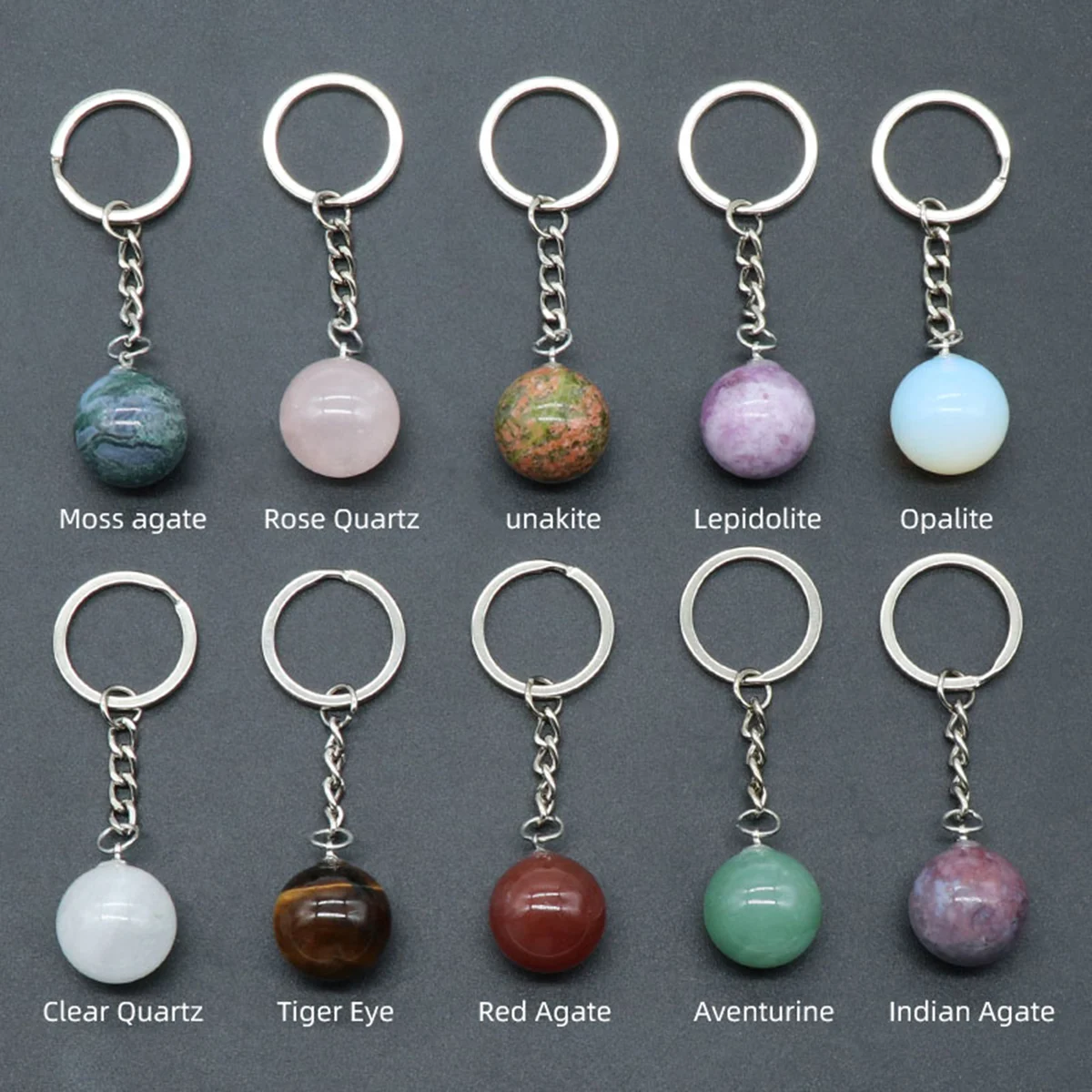 Natural Stone Keychain Round Ball Pendant Agate Amethysts Rose Quartz Handbag Decor DIY Jewelry Making Accessorie