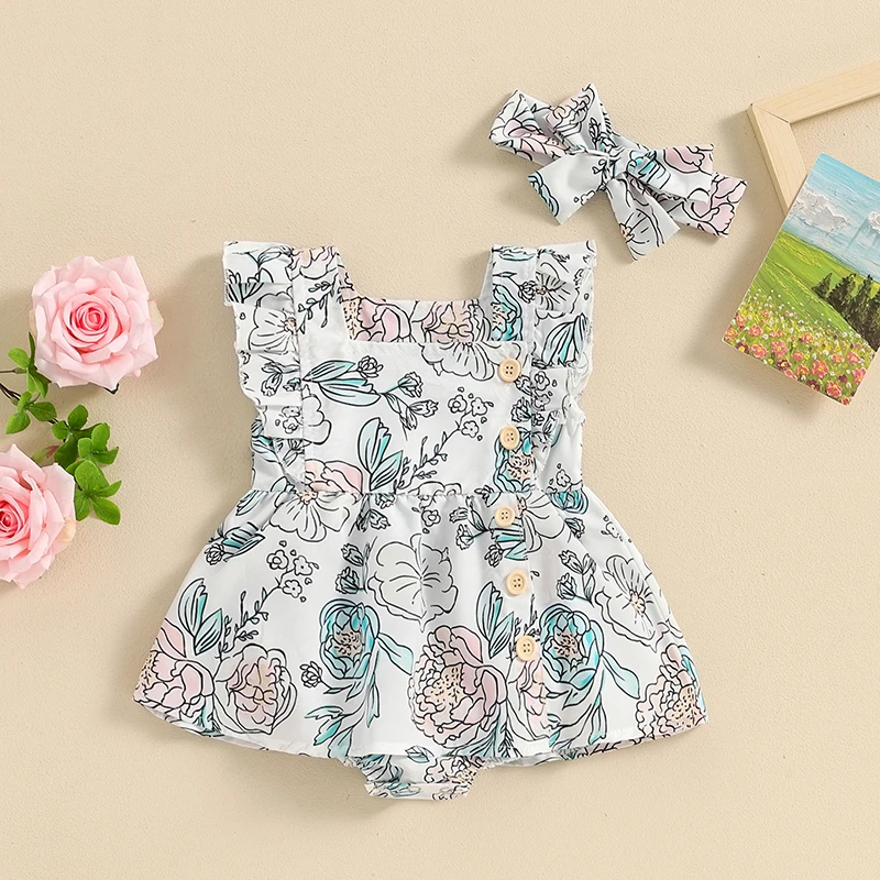 

Tregren 0-18M Infant Baby Girl Princess Romper Dress Summer Floral Print Ruffled Sleeves Square Neck Button Romper with Headband