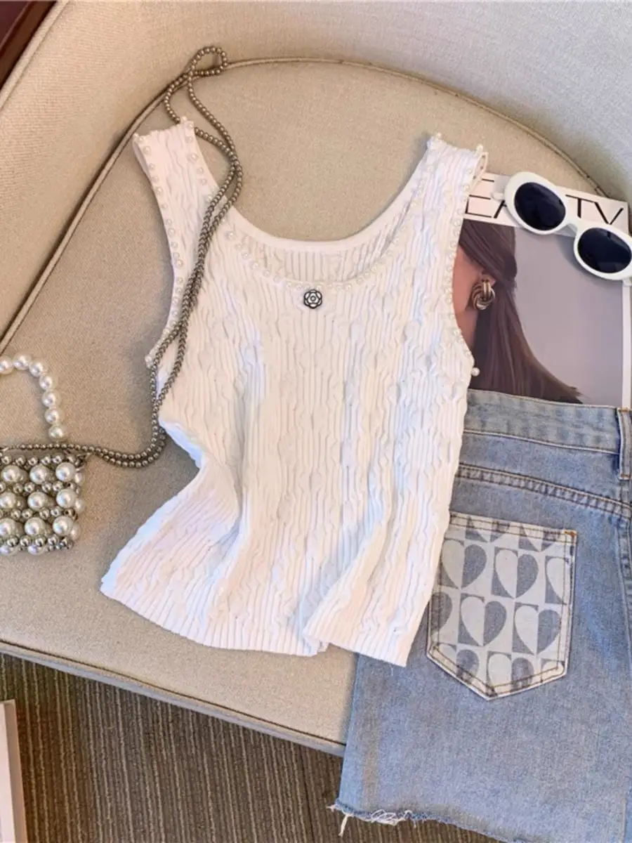 Female 2024 New Beading Lingge Small Fragrant Knitted Tank Top Outwear Strap Camisole Instagram Fashion Top