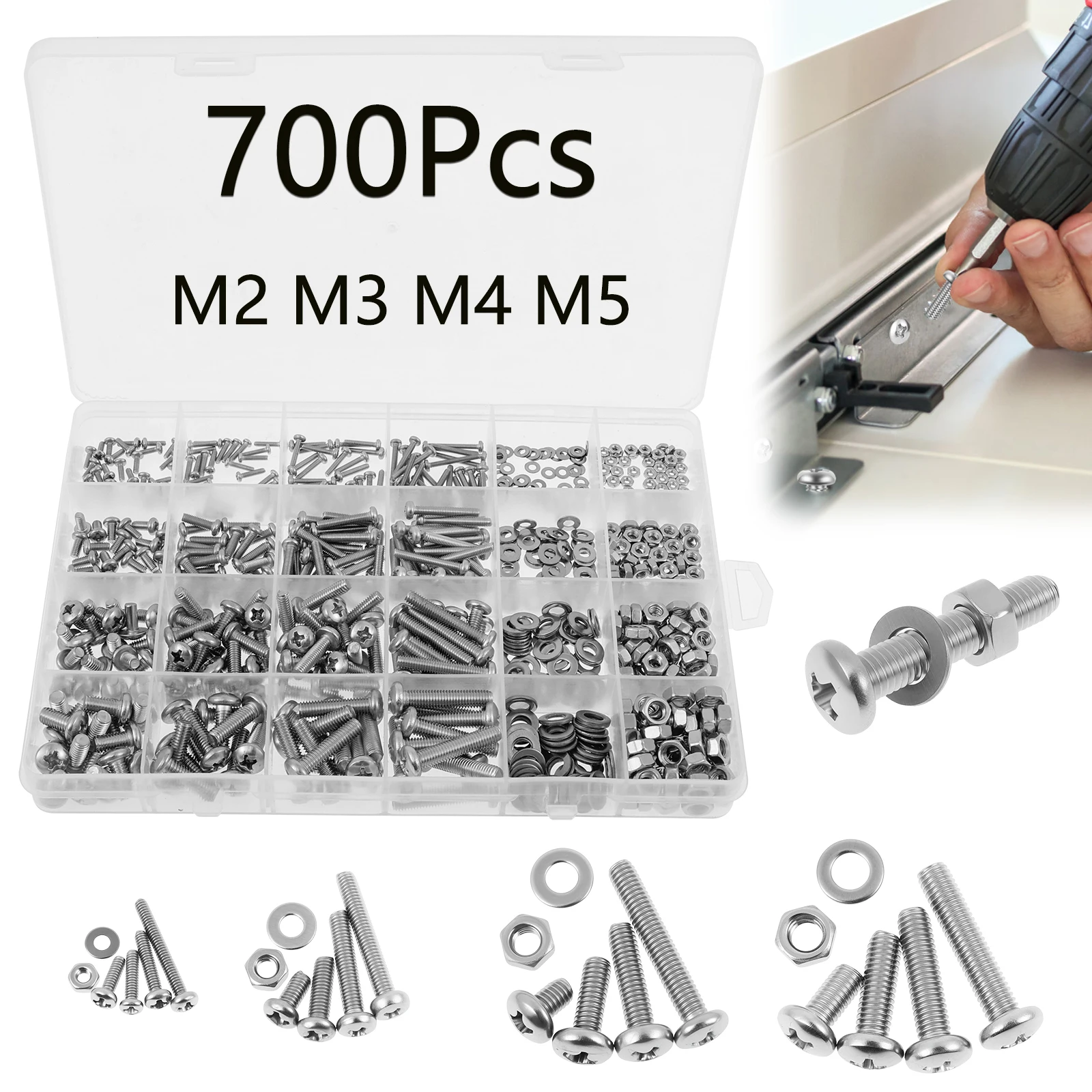 

700Pcs Nuts and Bolts Assortment Kit Machine Screws M2 M3 M4 M5 Stainless Steel Screws Set Phillips Flat Head, Nuts Bolts Washer
