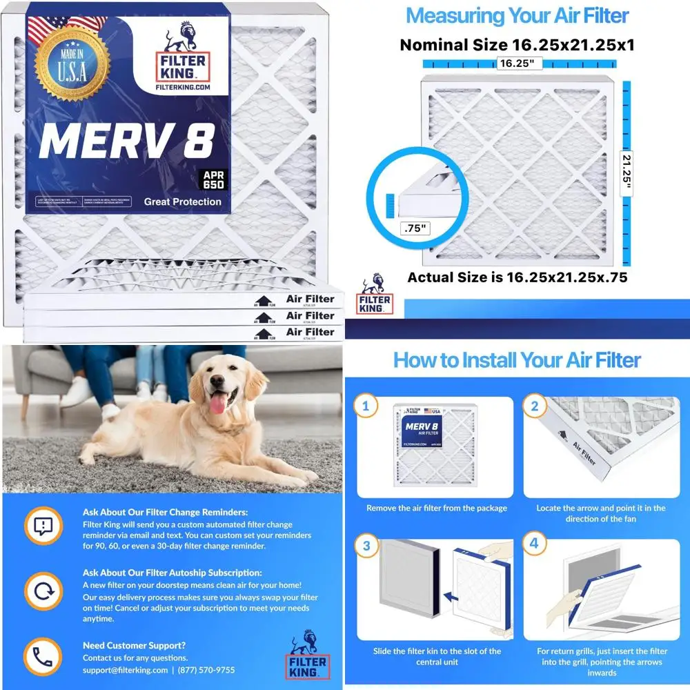 

Плиссированные воздушные фильтры HVAC 16,25x21,25x1 MERV 8 Фильтры для печи кондиционера, 6 шт., сделано в США, настоящий размер 16,25 x 21,25