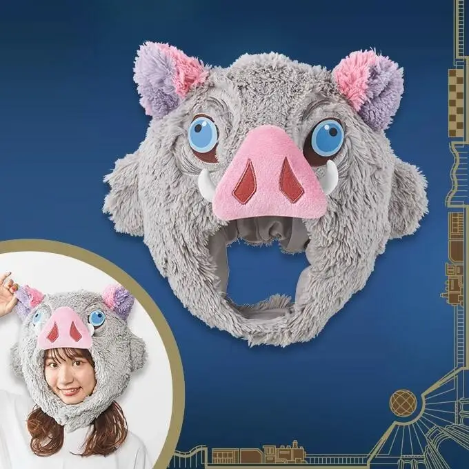 

Cartoon Demon Slayer Wild Boar Pig Head Plush Hat Hashibira Inosuke Warm Hat Plushies Cosplay Prop U-shaped pillow Fans Gift