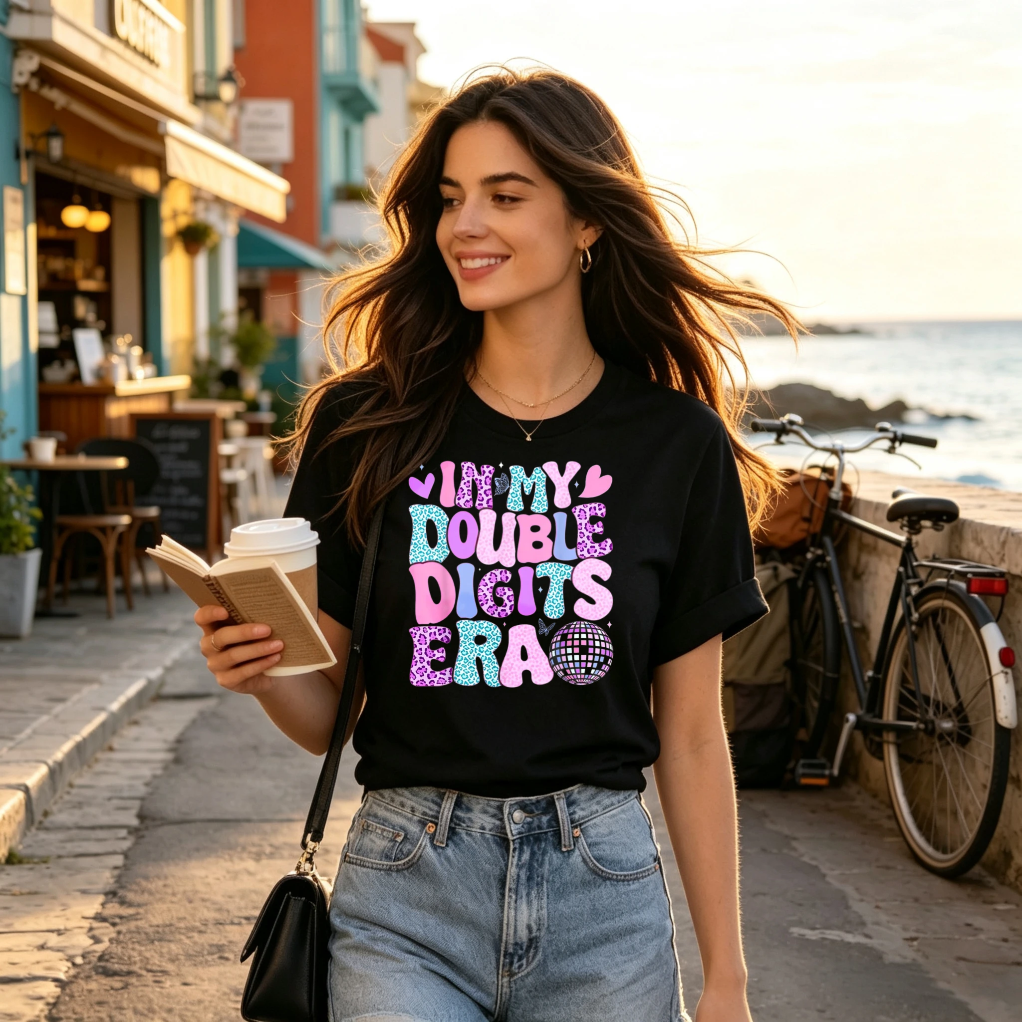 Short Sleeve T Shirt in My Double Digits Era Leopard Heart Disco Ball Print Crew Neck Casual Tees for Kids 10th Birthday Summer