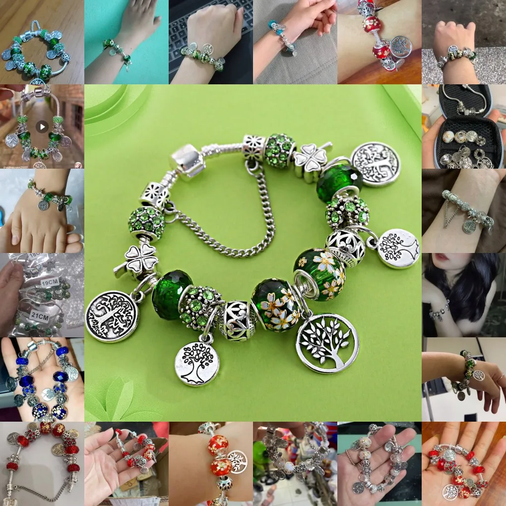 Dropshipping Silver Color Tree of Life Fashion Bead Bracelets Green Leaf Floral Crystal Charm Bracelet & Bangle Pulsera Jewelry