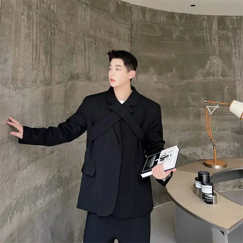 الرجال السترة الدعاوى بلون طويل الأكمام عبر العنق عارضة زر أسفل الدعاوى الشارع الشهير الكورية الأزياء رقيقة معاطف