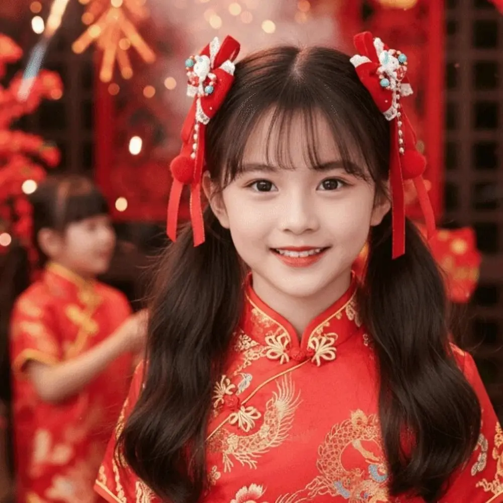 

2pcs Cute Lion Children's Chinese Hairpin Ball Flower New Year Ribbon Barrettes Bow Golden Lock Hanfu Hair Accessories Party