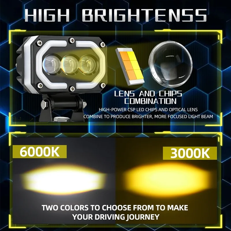 2X RGB Motorcycle LED Auxiliary Headlight White Yellow RGB 3570 LED chip Work Light High and Low Beams Super Bright Spotlight