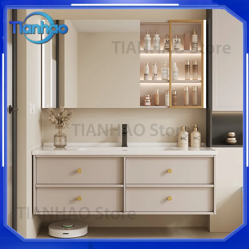 Mid-Century Bathroom Cabinet Set with Integrated Ceramic Basin for Modern Bathroom Hand Washbasin Storage