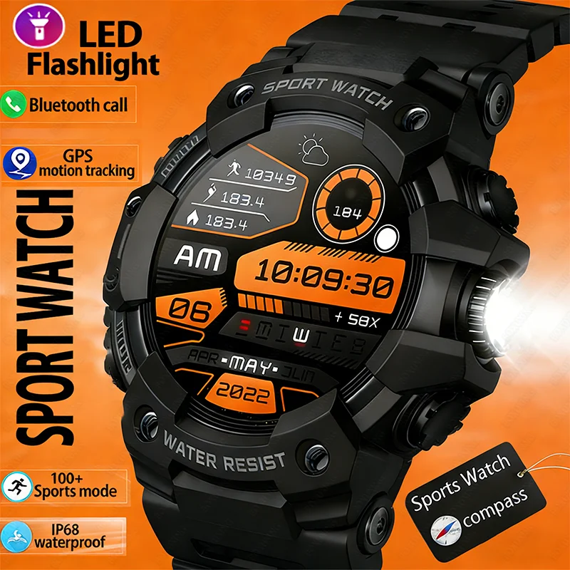 

2026 Новый светодиодный фонарик Смарт-часы для мужчин 100+ спортивных режимов Фитнес-трекер Компас IP68 Водонепроницаемый монитор здоровья BT Call
