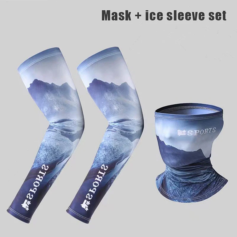 2Pcs/Set Summer Ice Silk Cycling Arm Sleeves Breathable Bandana Mask Combination Suit Elastic Cold UV Sun Protection For Outdoor