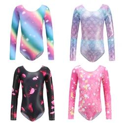 Toddler Girls Colorful Print Ballet Leotards Shiny Gymnastics Swimsuit for Dancing Long Sleeves Spandex Bodysuit One-piece suit