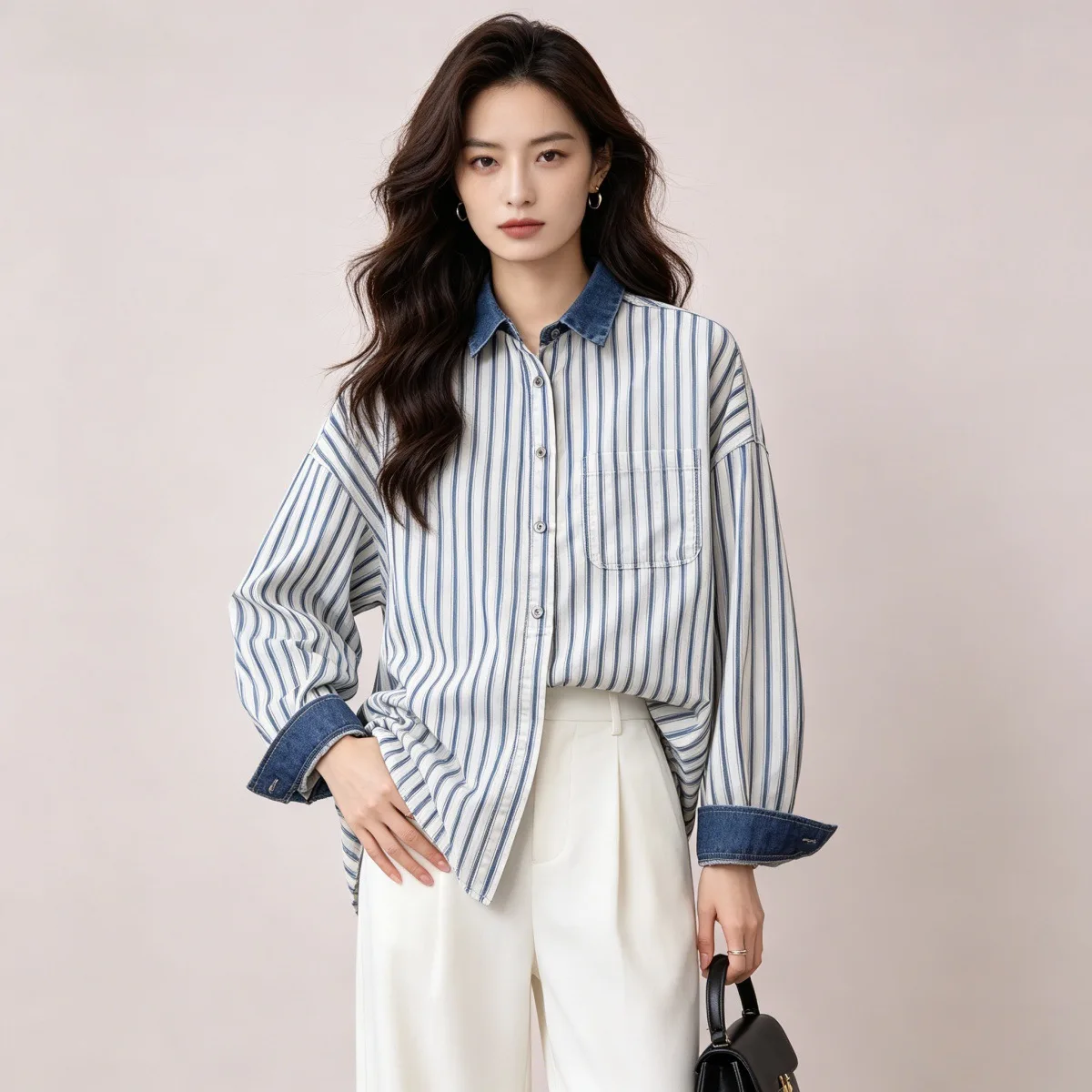 

SuperAen 2026 Spring New Korean-style Loose Casual Striped Long-sleeved Shirts for Women Oversize Denim Patchwork Shirts