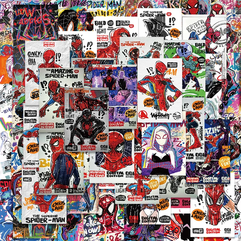 64pcs Marvel Spider-Man Gwen Miles Morales Anime Cartoon Hand-painted Graffiti Stickers Cool Waterproof Decorative Stickers Toy