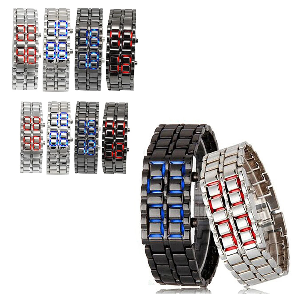 

Fashion Black Full Metal Digital Lava Wrist Watch Men Red/Blue LED Display Men's Watches Gifts for Male Boy Sport Creative Clock