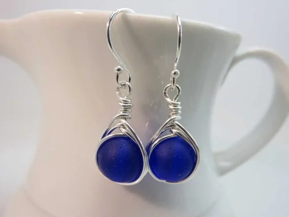 dark blue seaglass earrings sterling silver herringbone wire wrapped cultured sea glass beads argentium silver