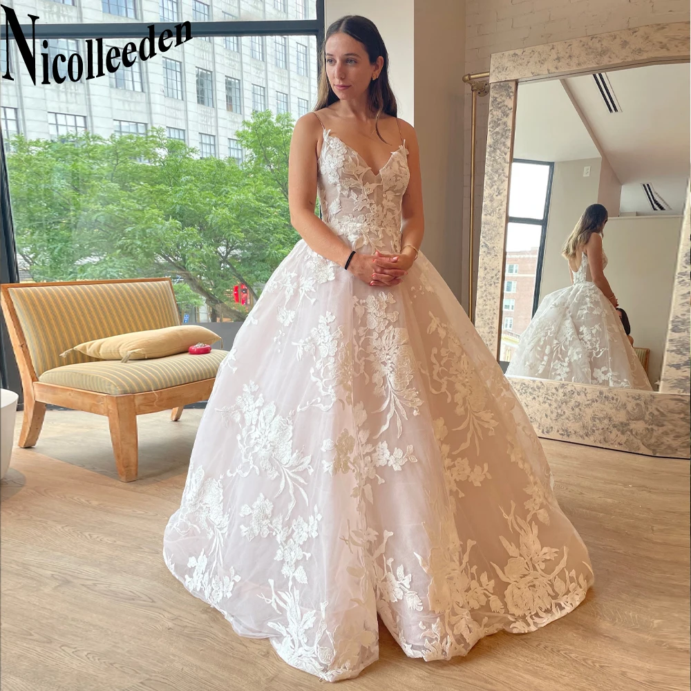 Nicolle Vintage Zipper Wedding Dresses for Bride V-neck Court Train Sleeveless A-line Lace Appliques Robe De Mariee Customized