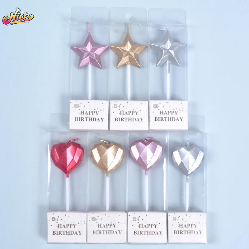 3/5 pezzi candela 3D forniture per feste di compleanno stella cuore oro argento paraffina champagne cake topper candela di compleanno decorazione cupcake