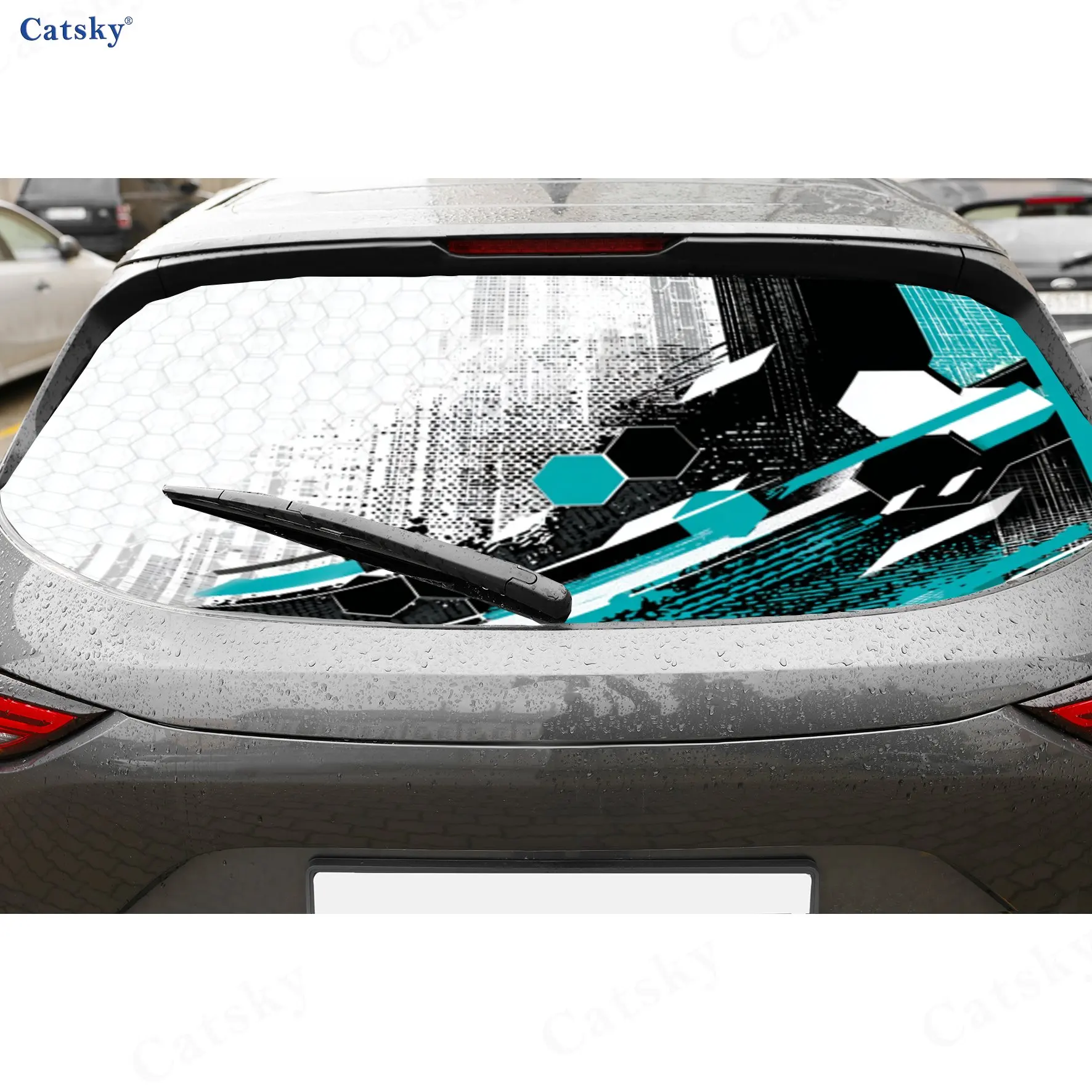 

Cyber Mechanical Geometric Graffiti PVC Perforated Car Rear Window Vinyl Wraps, Durable Waterproof Car Rear Windshield Sticker