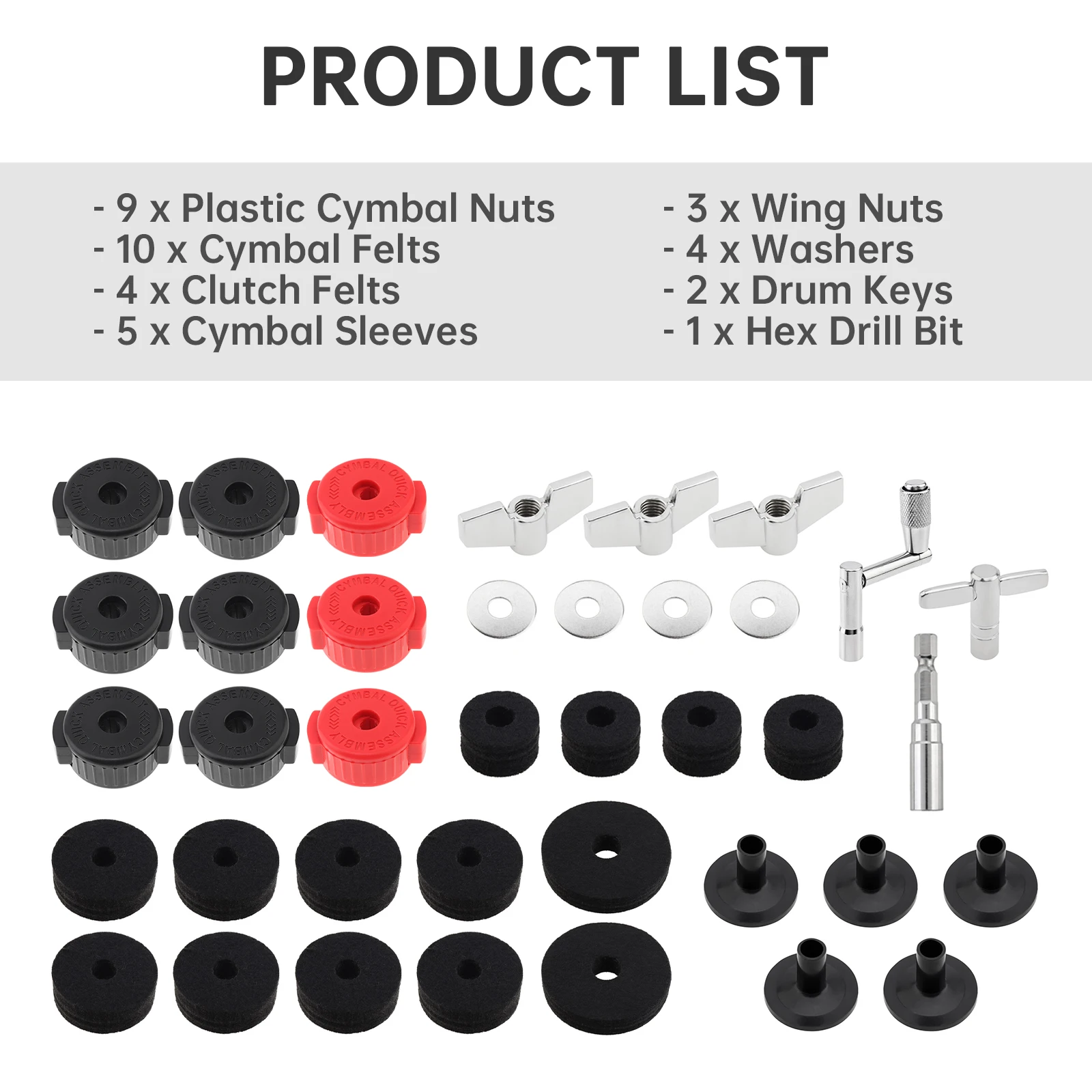 38pcs Complete Cymbal Replacement Kit for Drum Set Hardware with Cymbal Felts, Clutch Felts, Wing Nuts,Washers,Sleeves Nuts etc