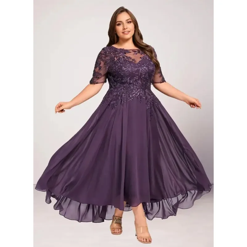 

Tea Length Applique Mother of The Bride Dresses Chiffon A Line High Low Mother of The Groom Dresses Sequined Wedding Guest Gown