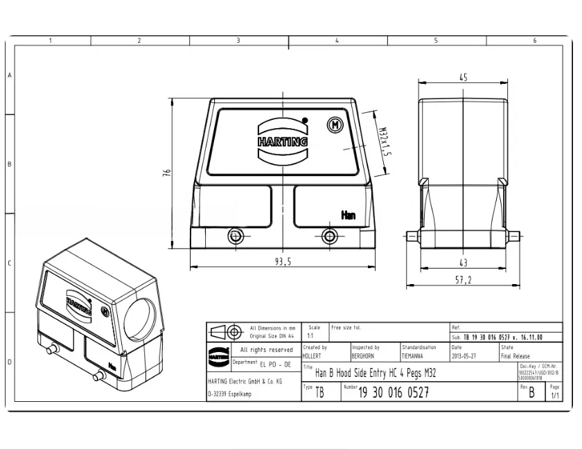 1pcs 19300160527 HARTING connector High upper housing HAN-16B-HSE-M32 Original genuine product