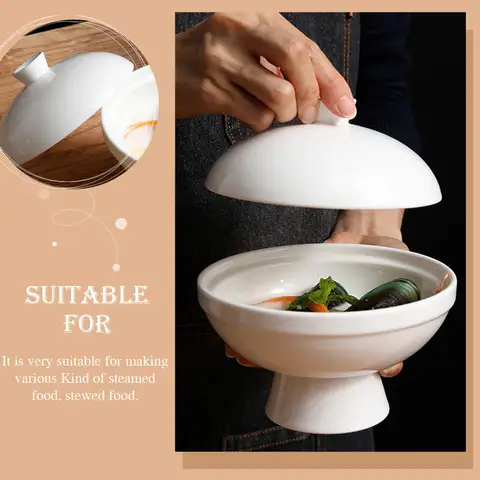 Ceramic Stew Bowl Covered Simple Design Heat Resistant Soup Serving Bowl for Steamed Egg Bird's Nest Cubilose Dessert